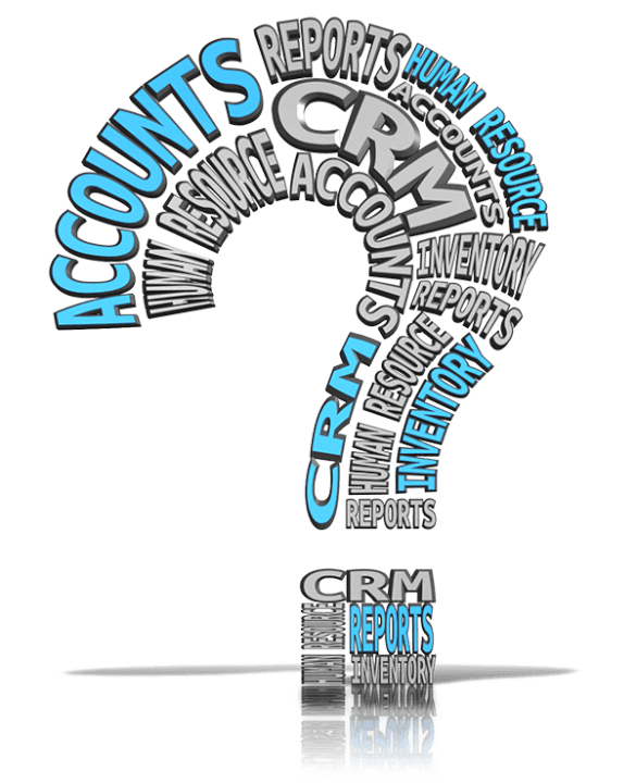 Question Mark Made up of Software Names such as Accounts, CRM, ERP, Inventory, etc