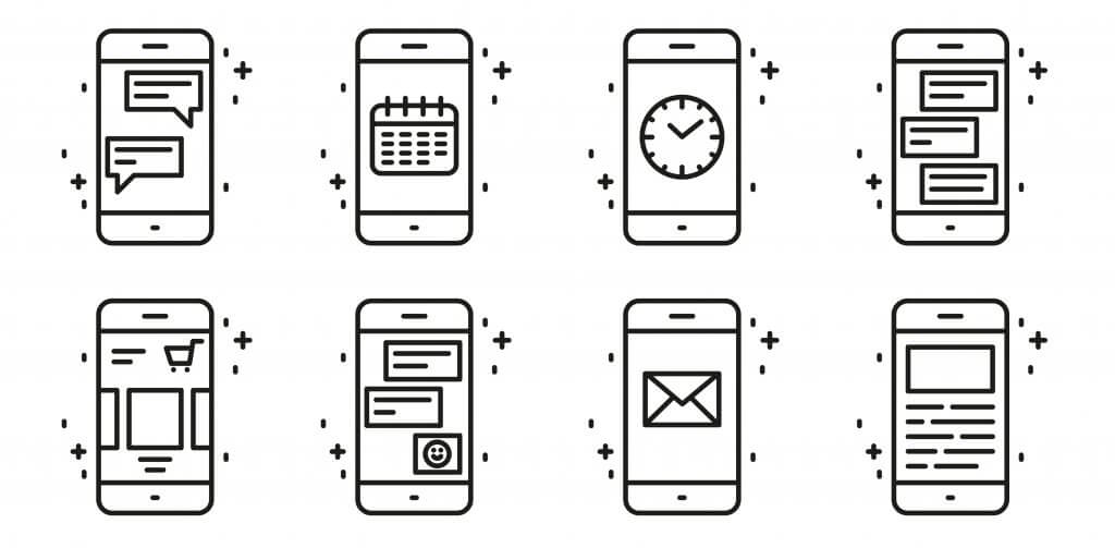 Smart phone functions and apps vector icon set in outline style. Mobile collection sign line illustration.